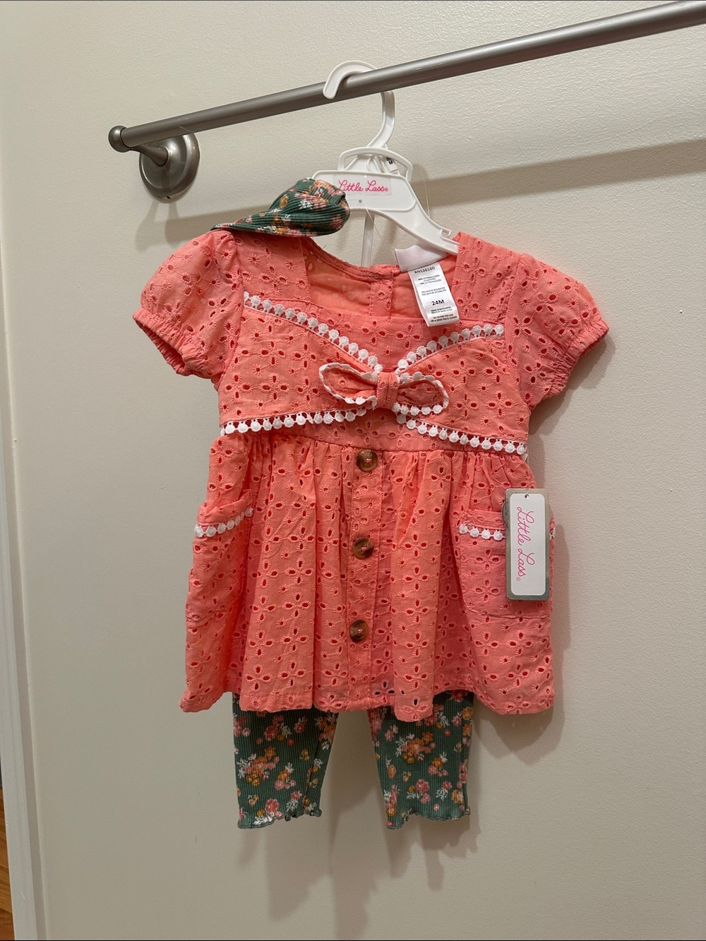 Little Lass Coral Eyelet Dress Set with Green Floral Leggings